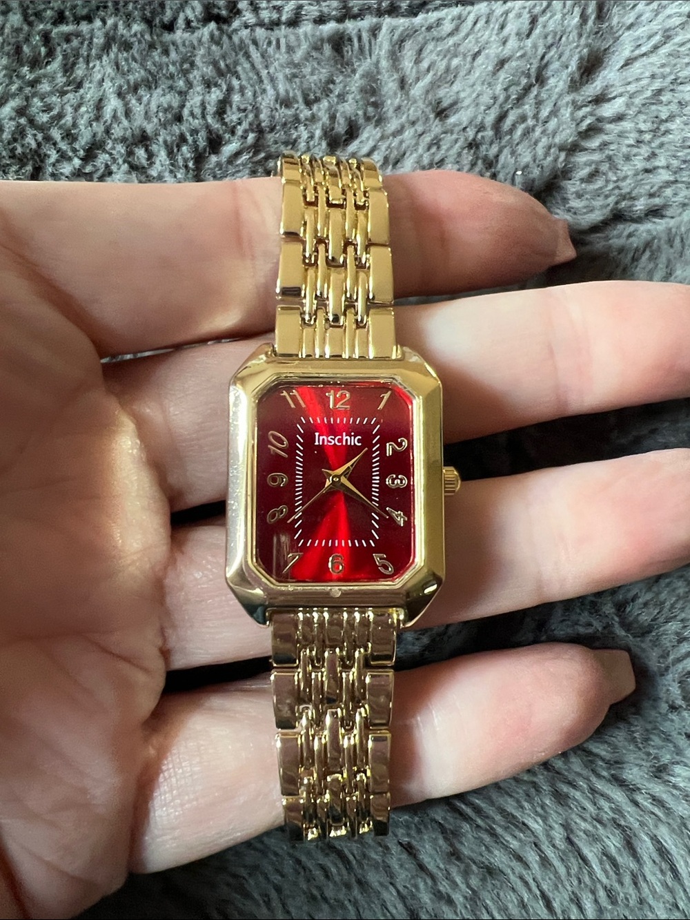 Gold-Tone Bracelet Watch with Red Dial